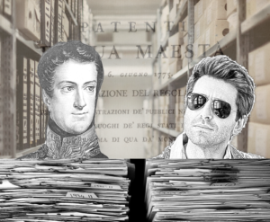 Immagine composita: un archivio sullo sfondo, Carlo Alberto di Savoia affrontato all'ispettore Coliandro e in trasparenza un provvedimento normativo del XVIII secolo