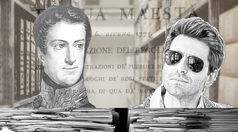 Immagine composita: un archivio sullo sfondo, Carlo Alberto di Savoia affrontato all'ispettore Coliandro e in trasparenza un provvedimento normativo del XVIII secolo