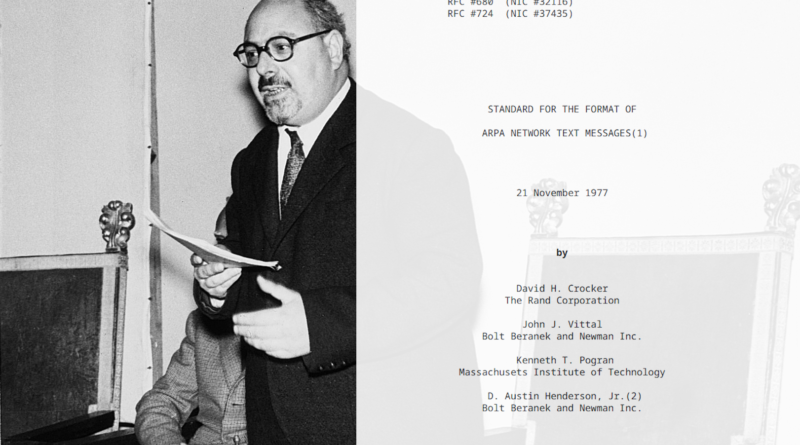 Immagine composita: Giorgio Cencetti e il frontespizio della RFC 733 del 1977